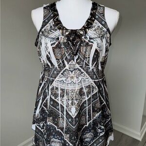 Unity World Wear Boho Tunic Top M Embroidered Neck Sleeveless Festival Print‎